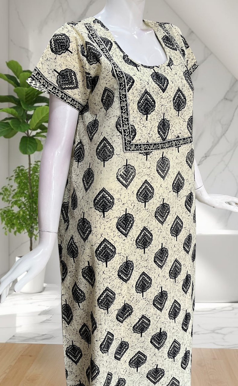 Off White Leafy Pure Cotton Nighty. Pure Durable Cotton | Laces and Frills