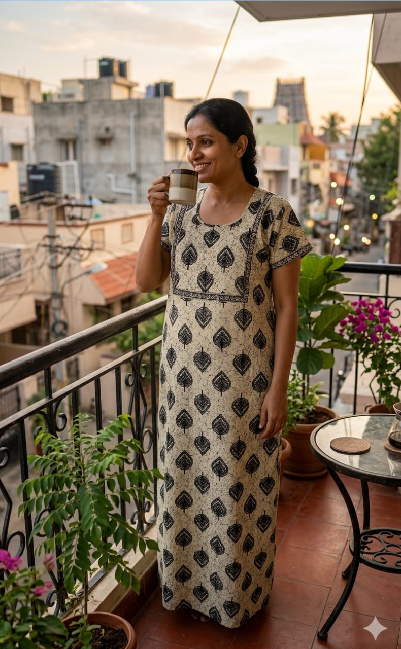 Off White Leafy Pure Cotton Nighty. Pure Durable Cotton | Laces and Frills - Laces and Frills