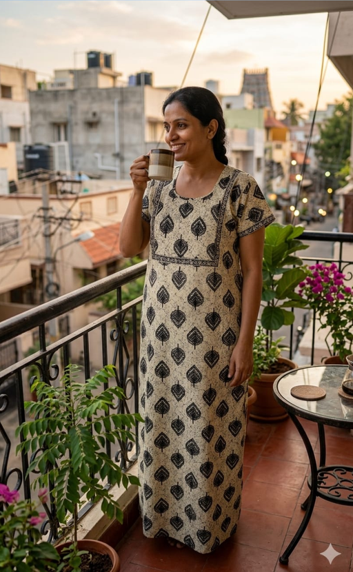 Off White Leafy Pure Cotton Nighty. Pure Durable Cotton | Laces and Frills - Laces and Frills