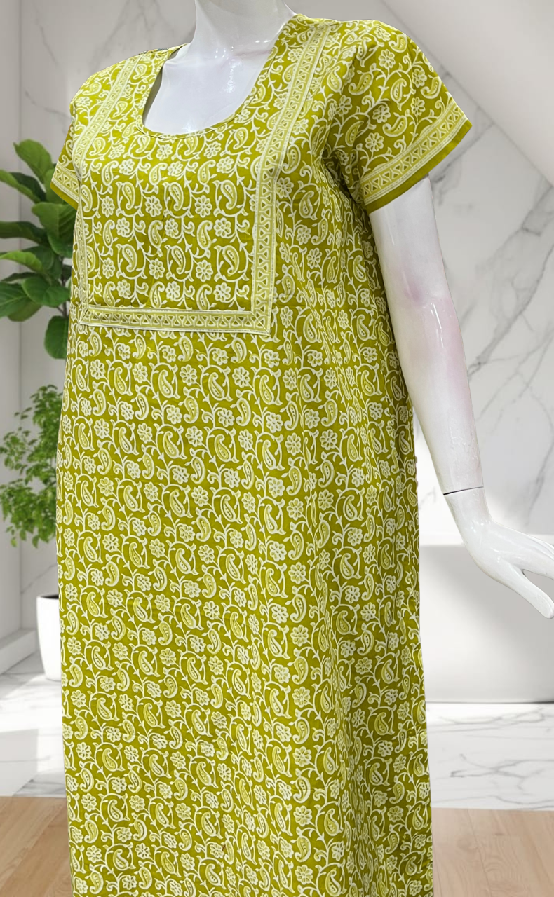 Lime Green Paisley Print Pure Cotton Nighty. Pure Durable Cotton | Laces and Frills
