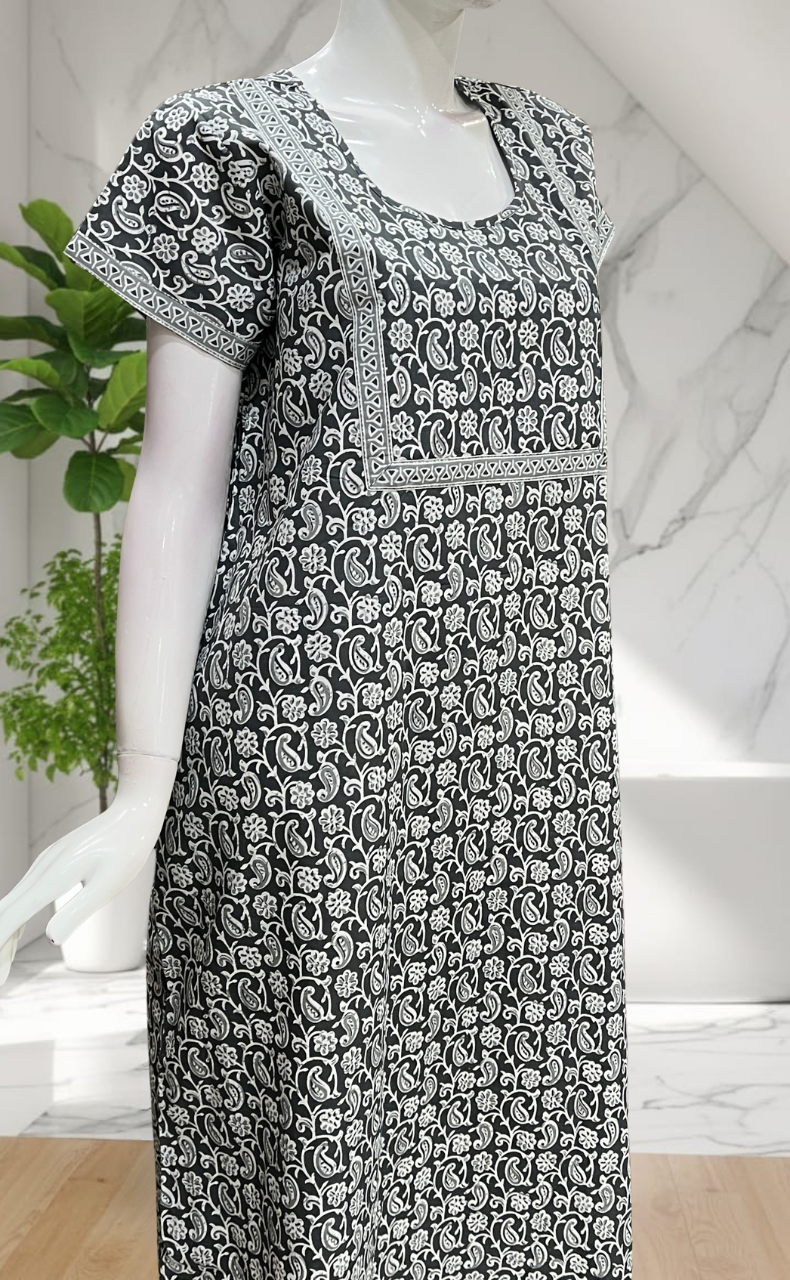 Grey Paisley Print Pure Cotton Nighty. Pure Durable Cotton | Laces and Frills