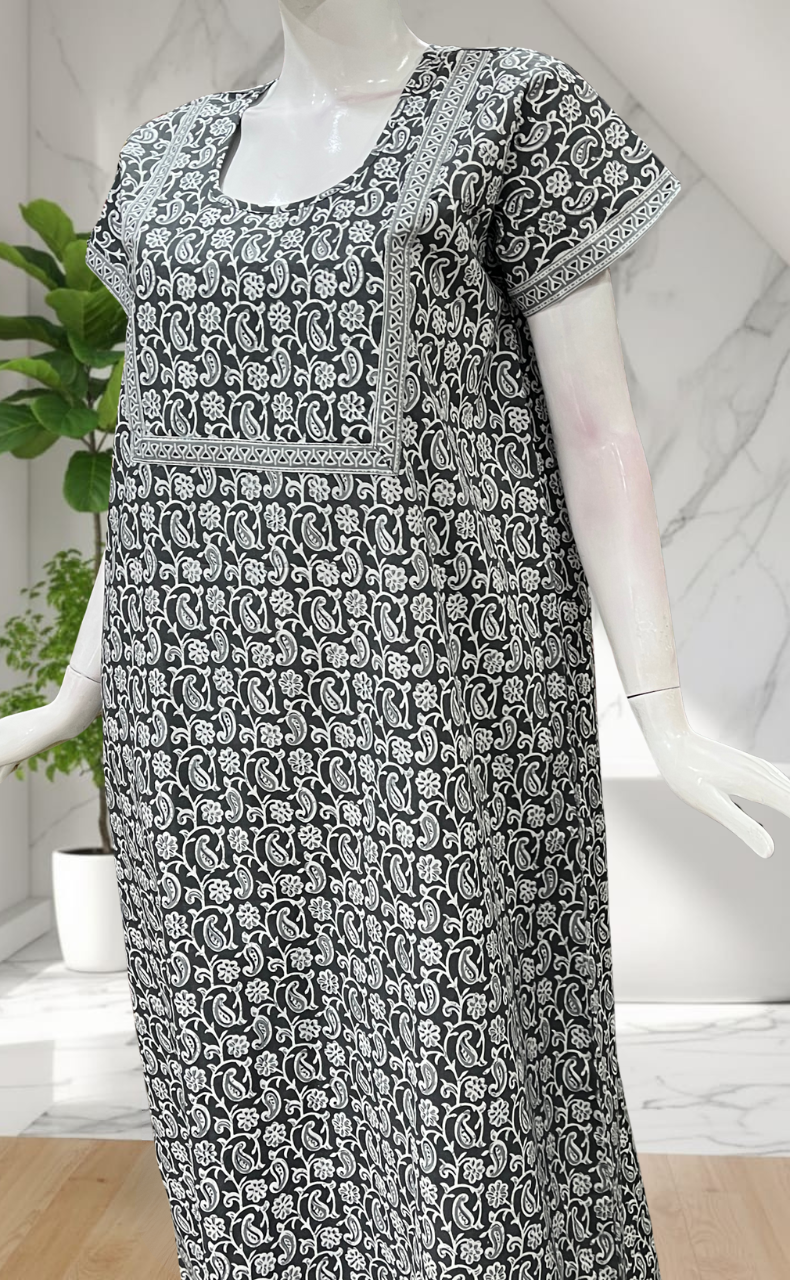 Grey Paisley Print Pure Cotton Nighty. Pure Durable Cotton | Laces and Frills