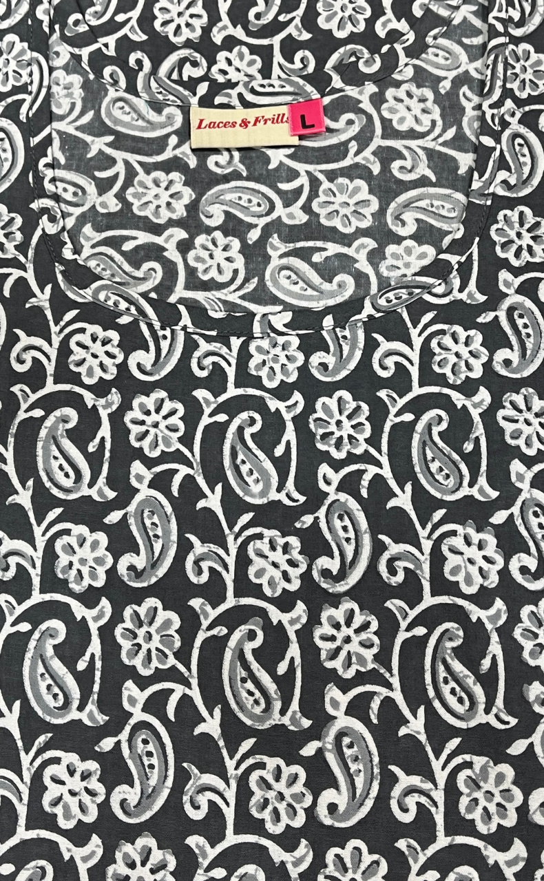 Grey Paisley Print Pure Cotton Nighty. Pure Durable Cotton | Laces and Frills