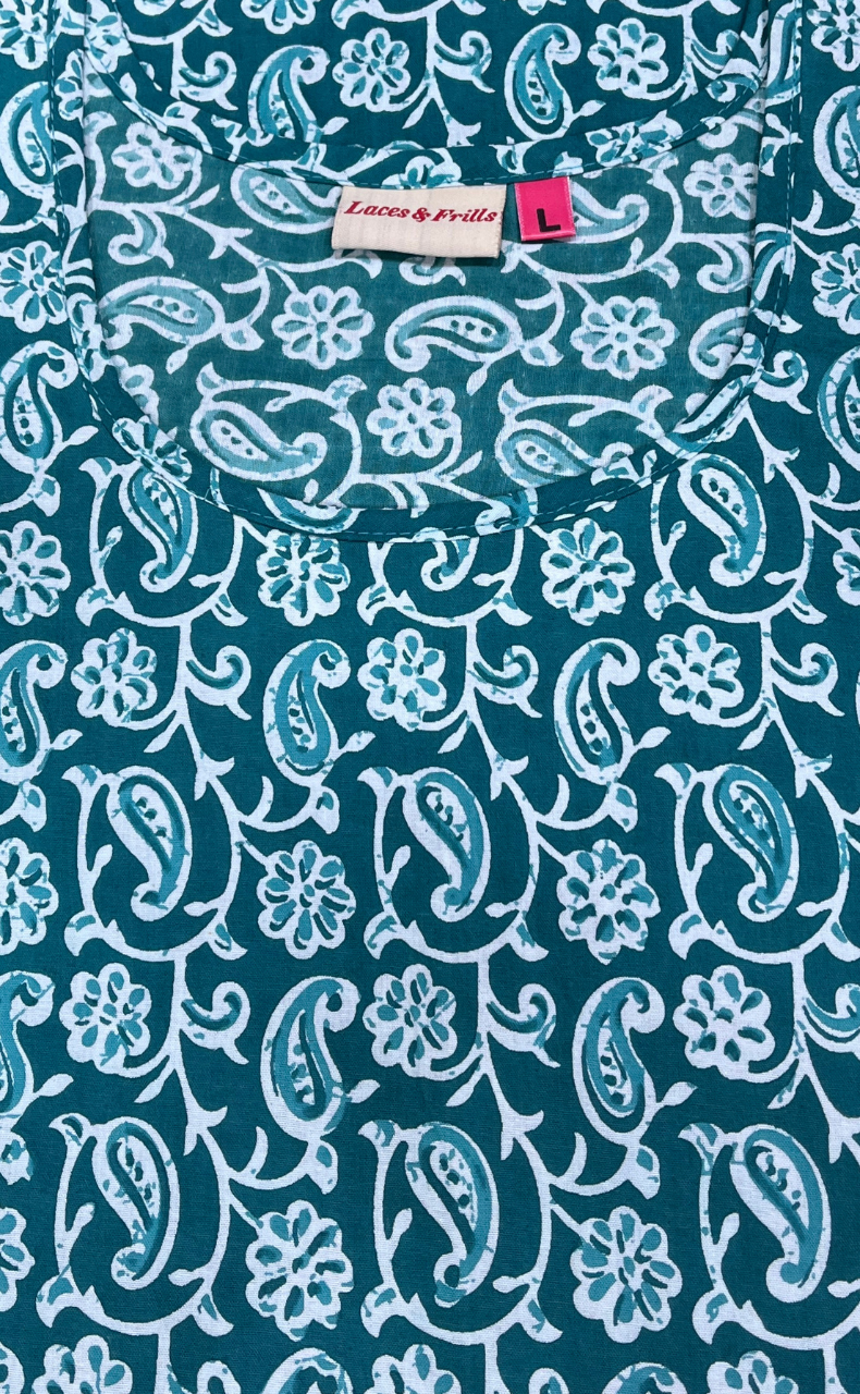 Sea Green Paisley Print Pure Cotton Nighty. Pure Durable Cotton | Laces and Frills