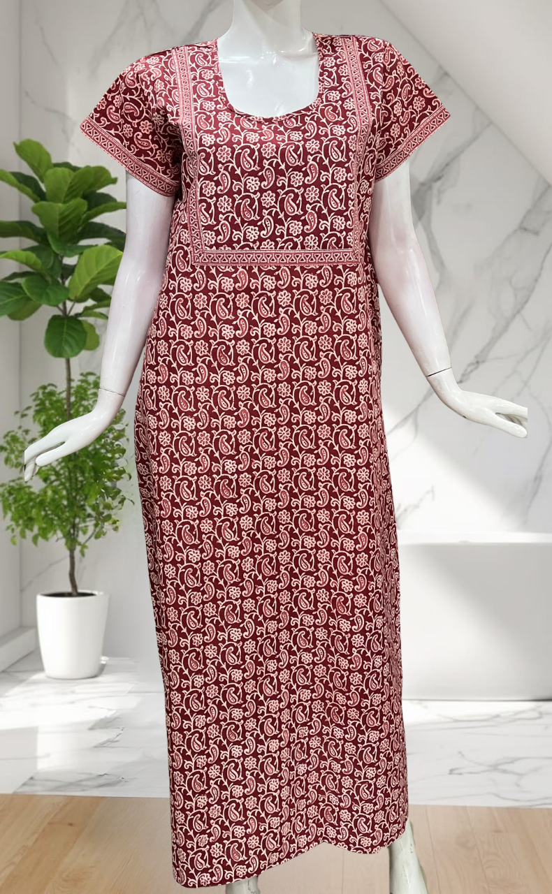 Maroon Paisley Print Pure Cotton Nighty. Pure Durable Cotton | Laces and Frills