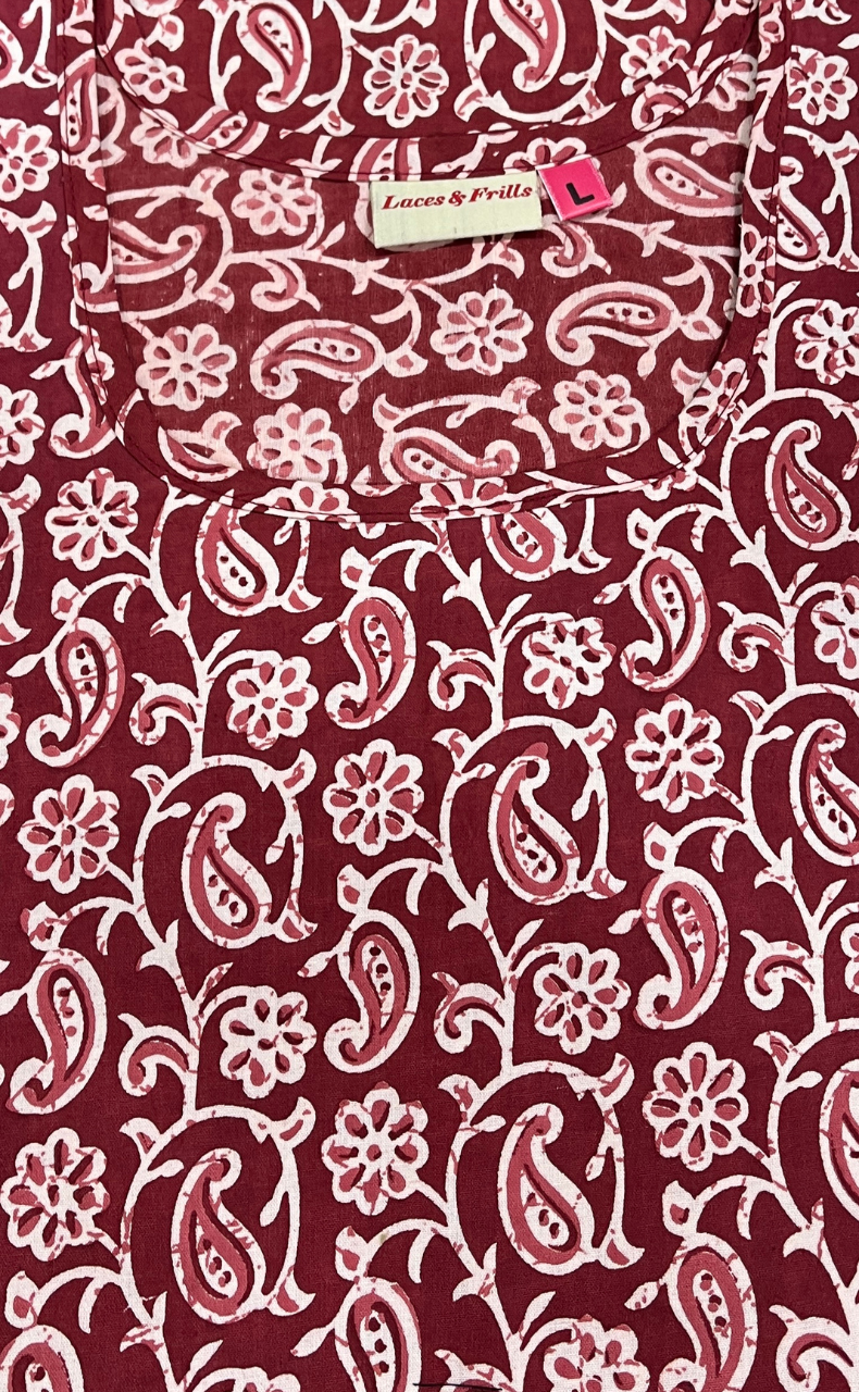 Maroon Paisley Print Pure Cotton Nighty. Pure Durable Cotton | Laces and Frills