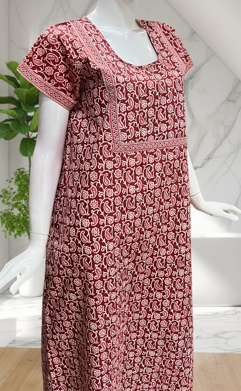 Maroon Paisley Print Pure Cotton Nighty. Pure Durable Cotton | Laces and Frills