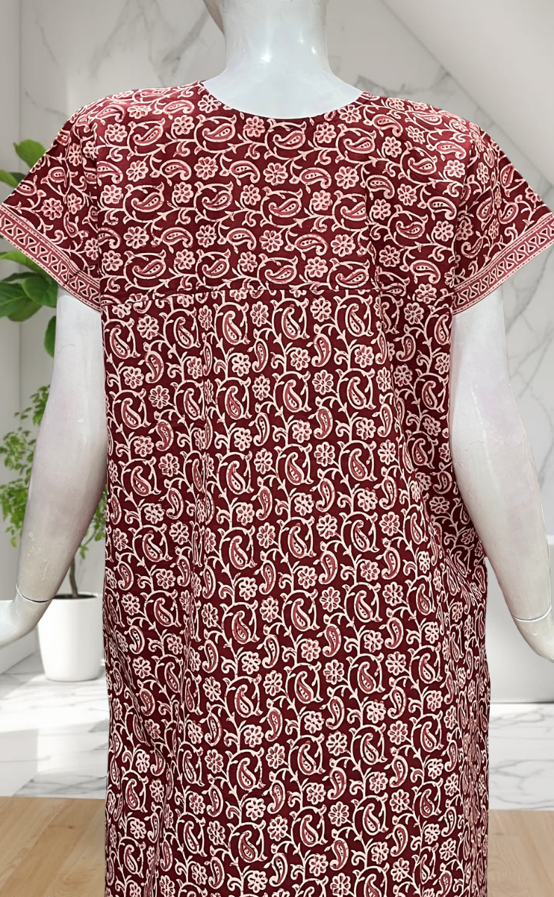 Maroon Paisley Print Pure Cotton Nighty. Pure Durable Cotton | Laces and Frills