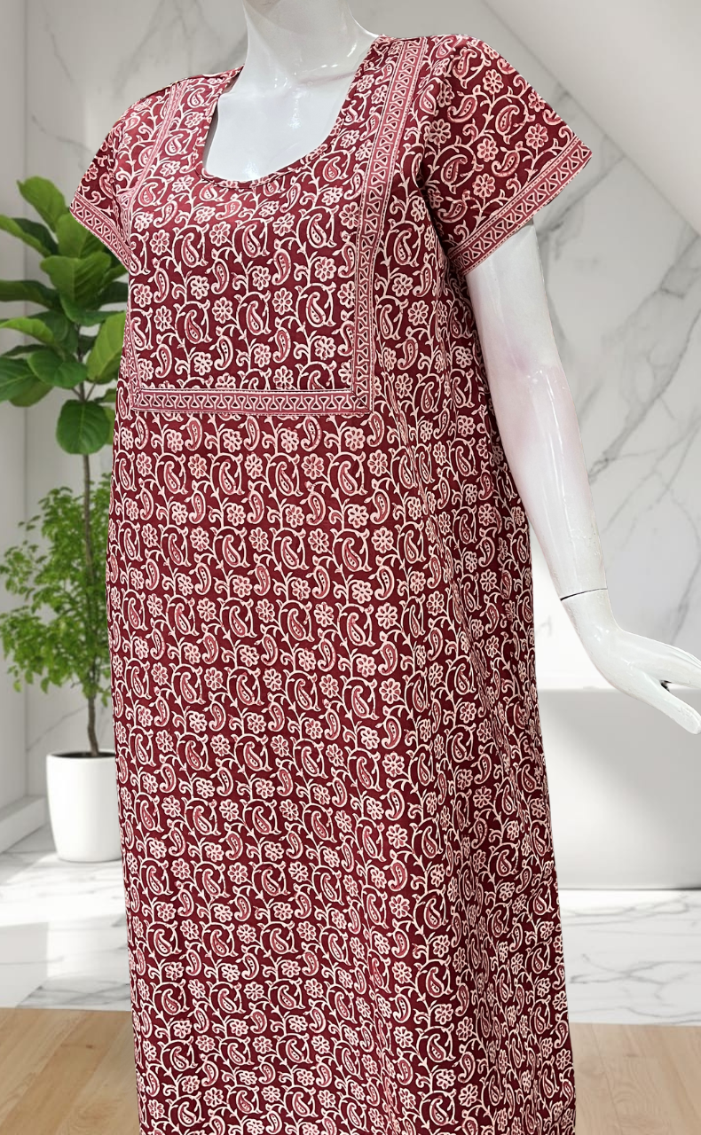 Maroon Paisley Print Pure Cotton Nighty. Pure Durable Cotton | Laces and Frills