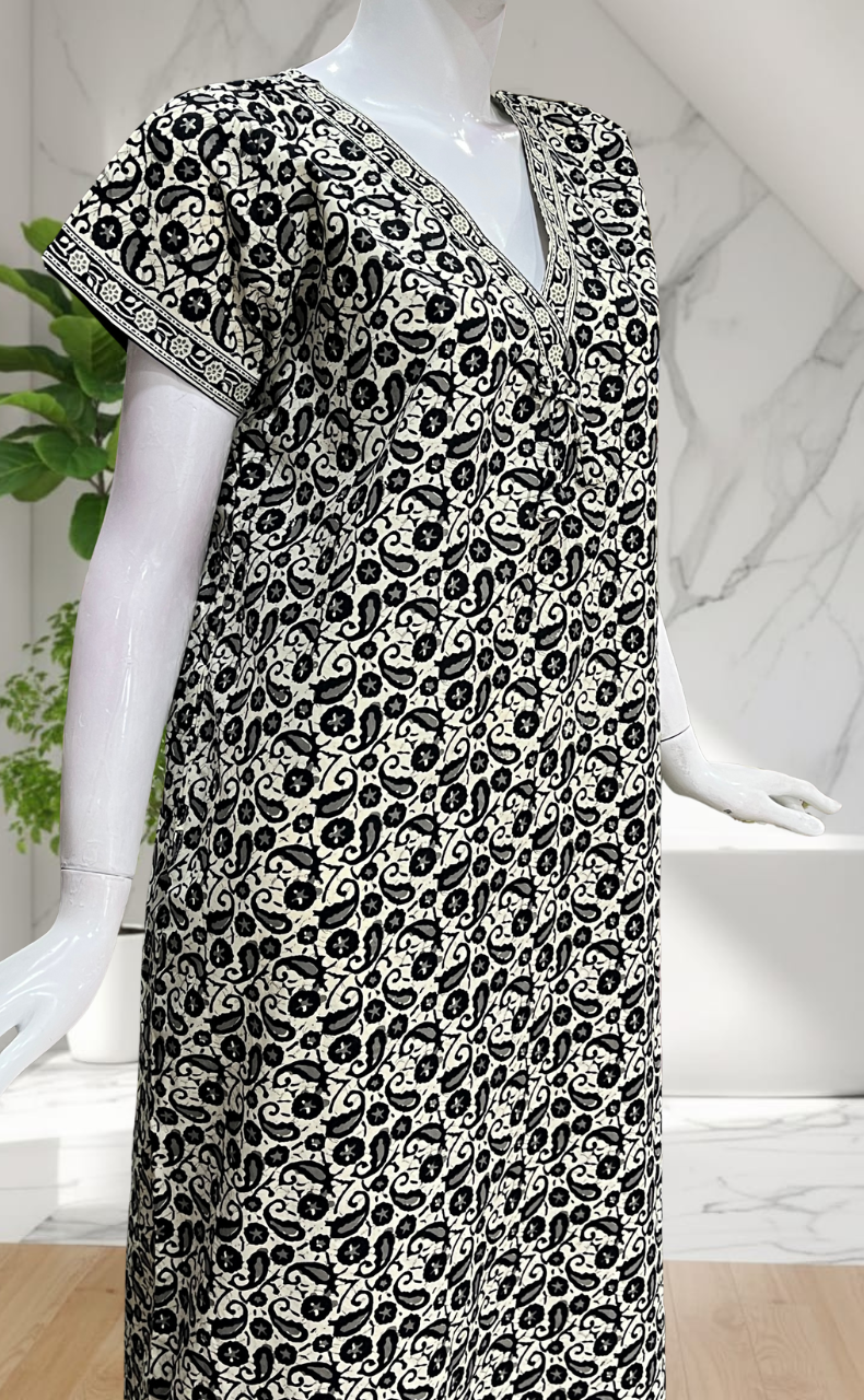 Off White Paisley Print Pure Cotton Nighty. Pure Durable Cotton | Laces and Frills