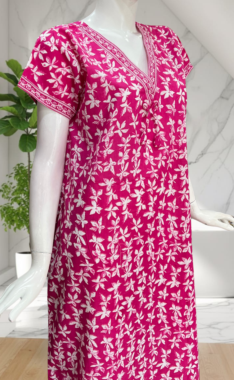 Pink Leafy Pure Cotton Nighty. Pure Durable Cotton | Laces and Frills