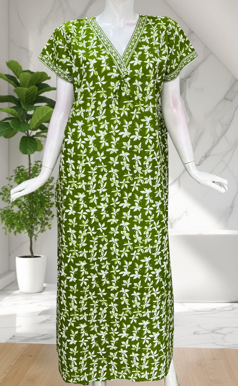 Green Leafy Pure Cotton Nighty. Pure Durable Cotton | Laces and Frills