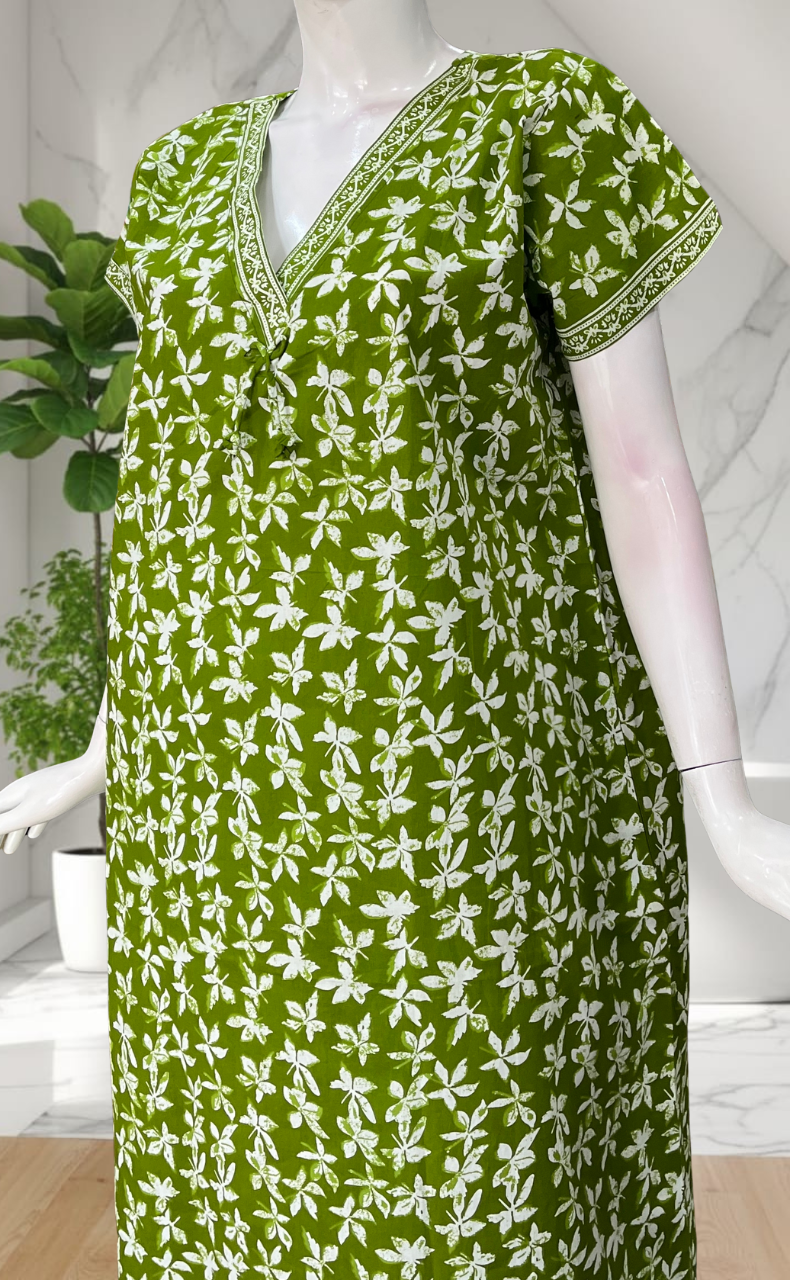 Green Leafy Pure Cotton Nighty. Pure Durable Cotton | Laces and Frills
