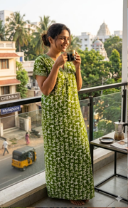 Green Leafy Pure Cotton Nighty. Pure Durable Cotton | Laces and Frills - Laces and Frills