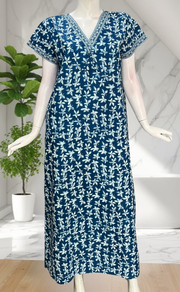 Blue Leafy Pure Cotton Nighty. Pure Durable Cotton | Laces and Frills