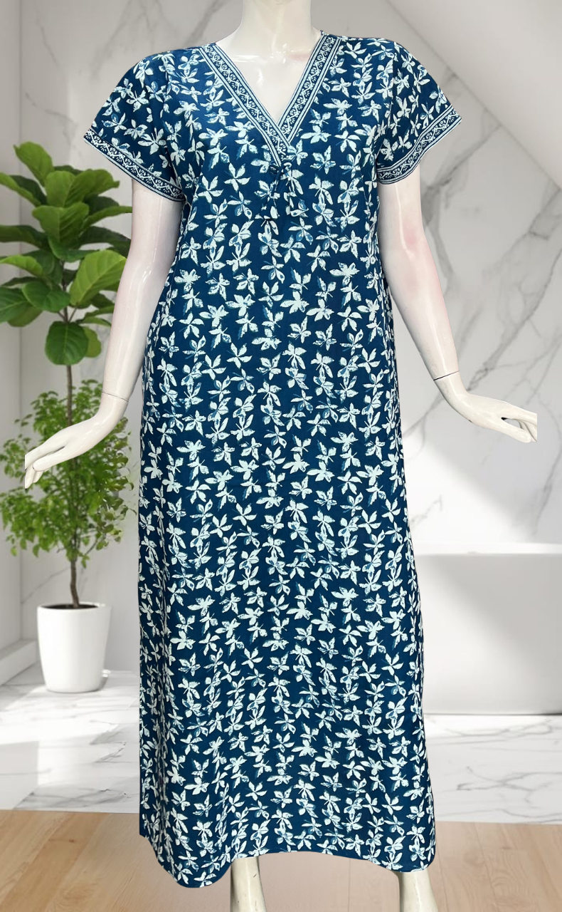 Blue Leafy Pure Cotton Nighty. Pure Durable Cotton | Laces and Frills