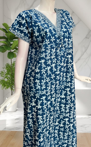 Blue Leafy Pure Cotton Nighty. Pure Durable Cotton | Laces and Frills