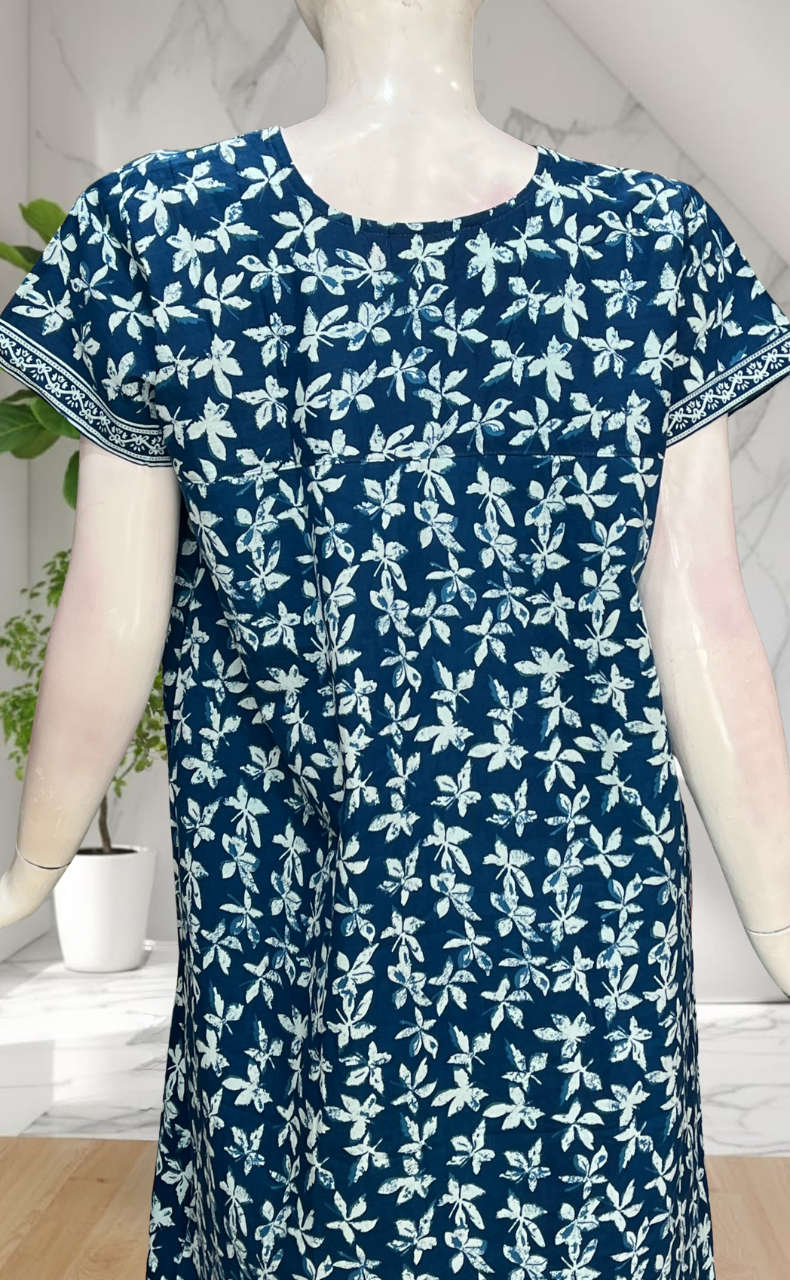 Blue Leafy Pure Cotton Nighty. Pure Durable Cotton | Laces and Frills