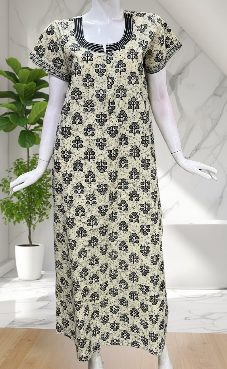 Off White Leafy Pure Cotton Nighty. Pure Durable Cotton | Laces and Frills