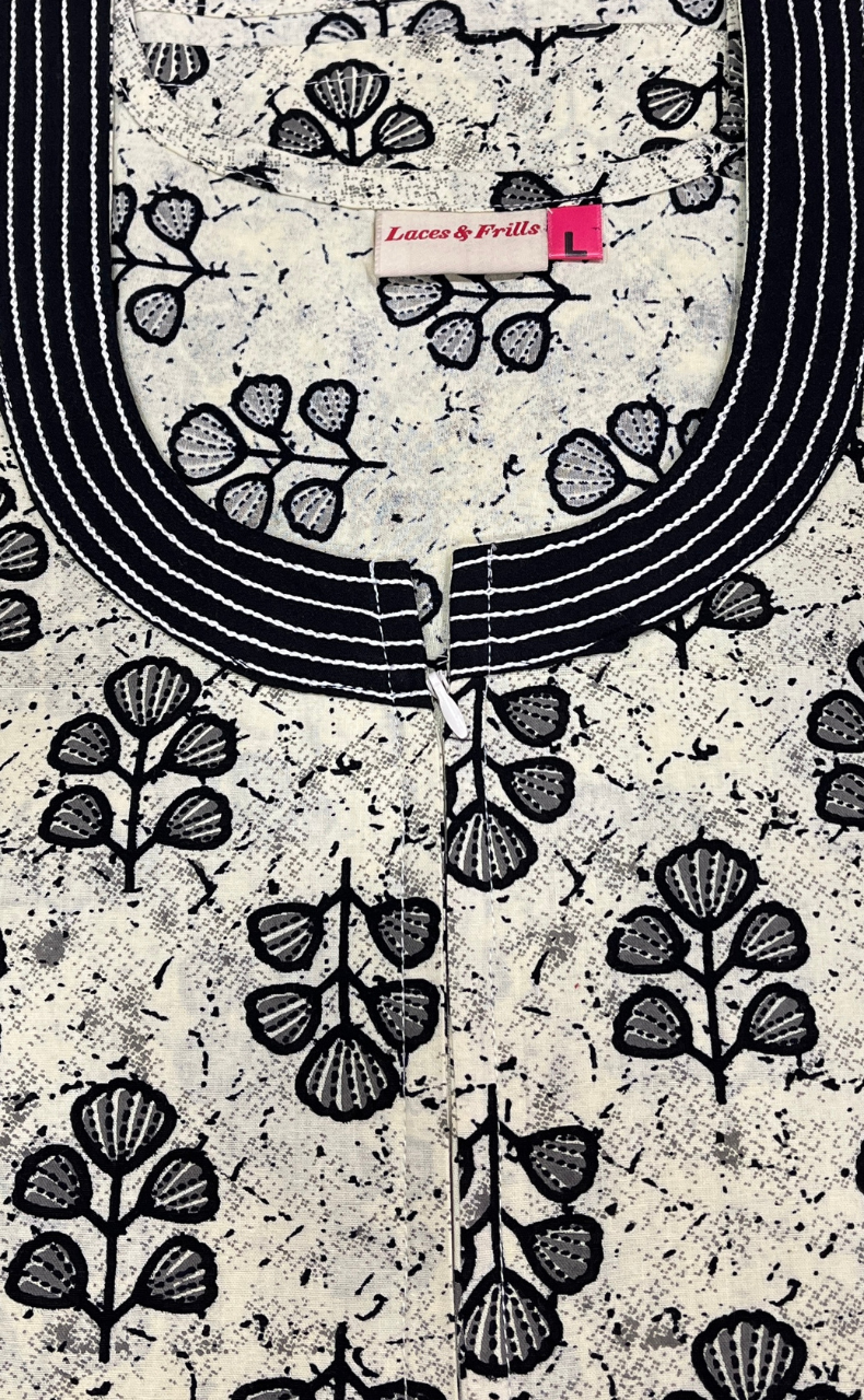 Off White Leafy Pure Cotton Nighty. Pure Durable Cotton | Laces and Frills