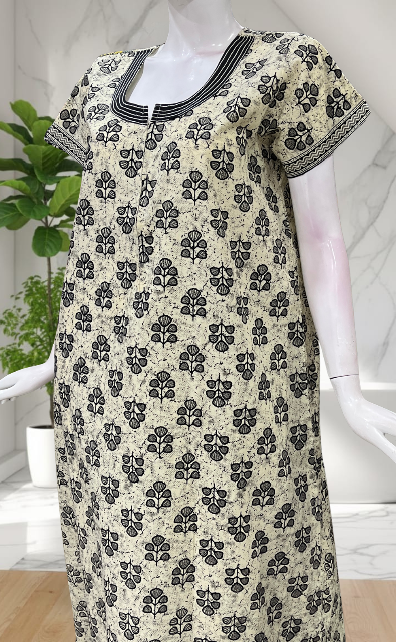 Off White Leafy Pure Cotton Nighty. Pure Durable Cotton | Laces and Frills