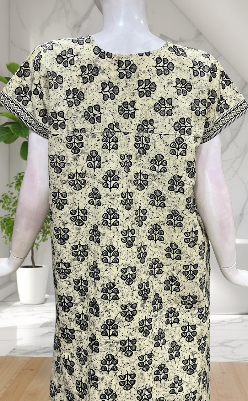 Off White Leafy Pure Cotton Nighty. Pure Durable Cotton | Laces and Frills