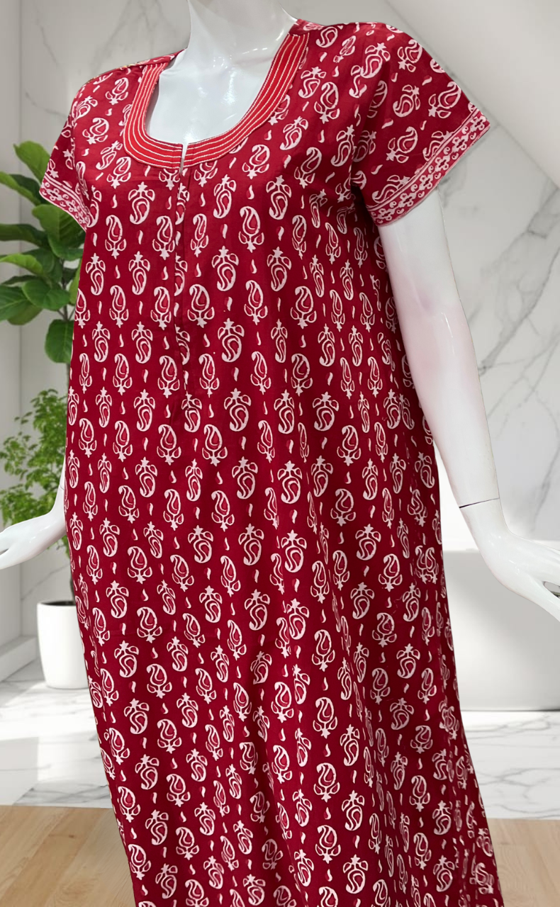 Red Paisley Print Pure Cotton Nighty. Pure Durable Cotton | Laces and Frills