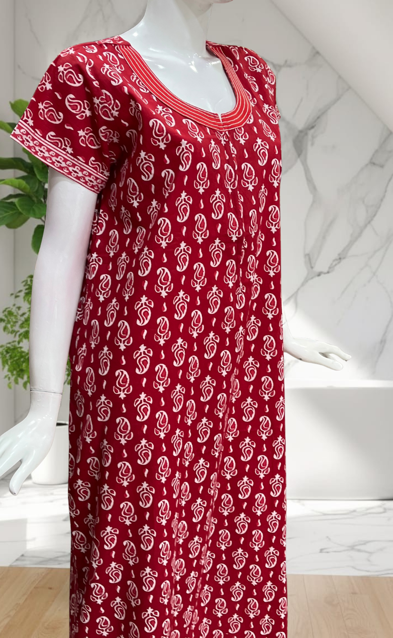 Red Paisley Print Pure Cotton Nighty. Pure Durable Cotton | Laces and Frills