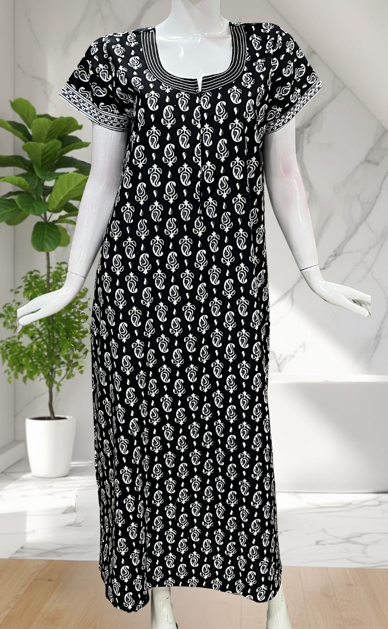 Black Paisley Print Pure Cotton Nighty. Pure Durable Cotton | Laces and Frills
