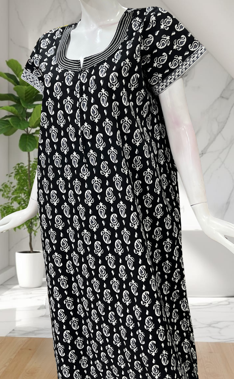 Black Paisley Print Pure Cotton Nighty. Pure Durable Cotton | Laces and Frills
