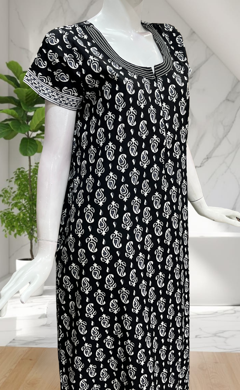 Black Paisley Print Pure Cotton Nighty. Pure Durable Cotton | Laces and Frills