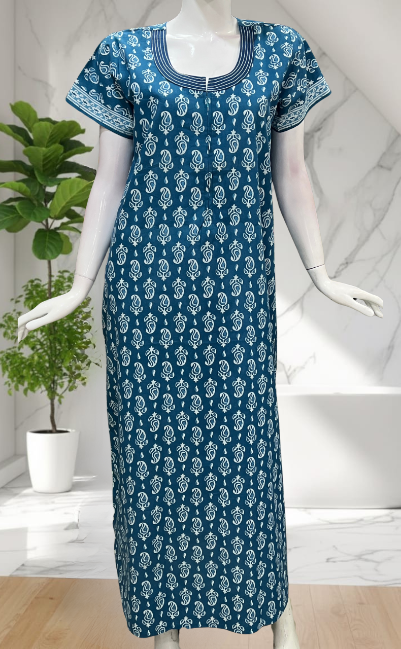 Blue Paisley Print Pure Cotton Nighty. Pure Durable Cotton | Laces and Frills