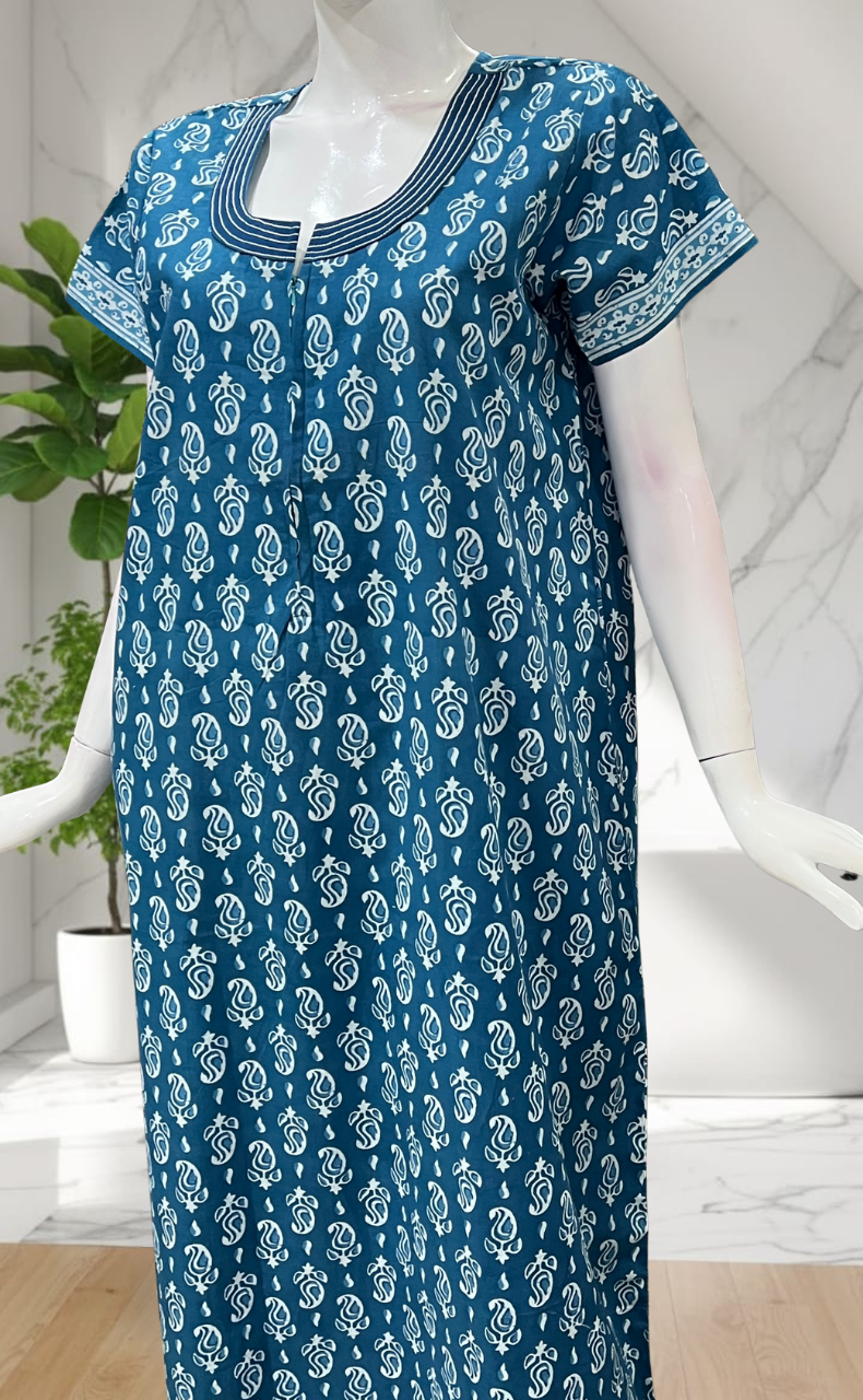 Blue Paisley Print Pure Cotton Nighty. Pure Durable Cotton | Laces and Frills