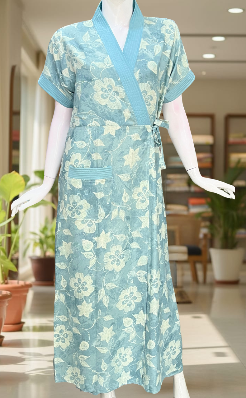 Sea Green Floral 2-Piece Spun House Coat & Nighty Set| Laces and Frills