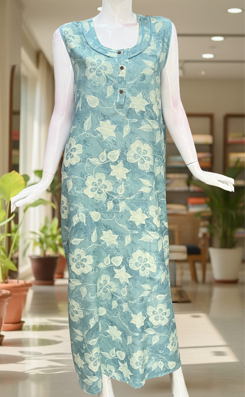 Sea Green Floral 2-Piece Spun House Coat & Nighty Set| Laces and Frills