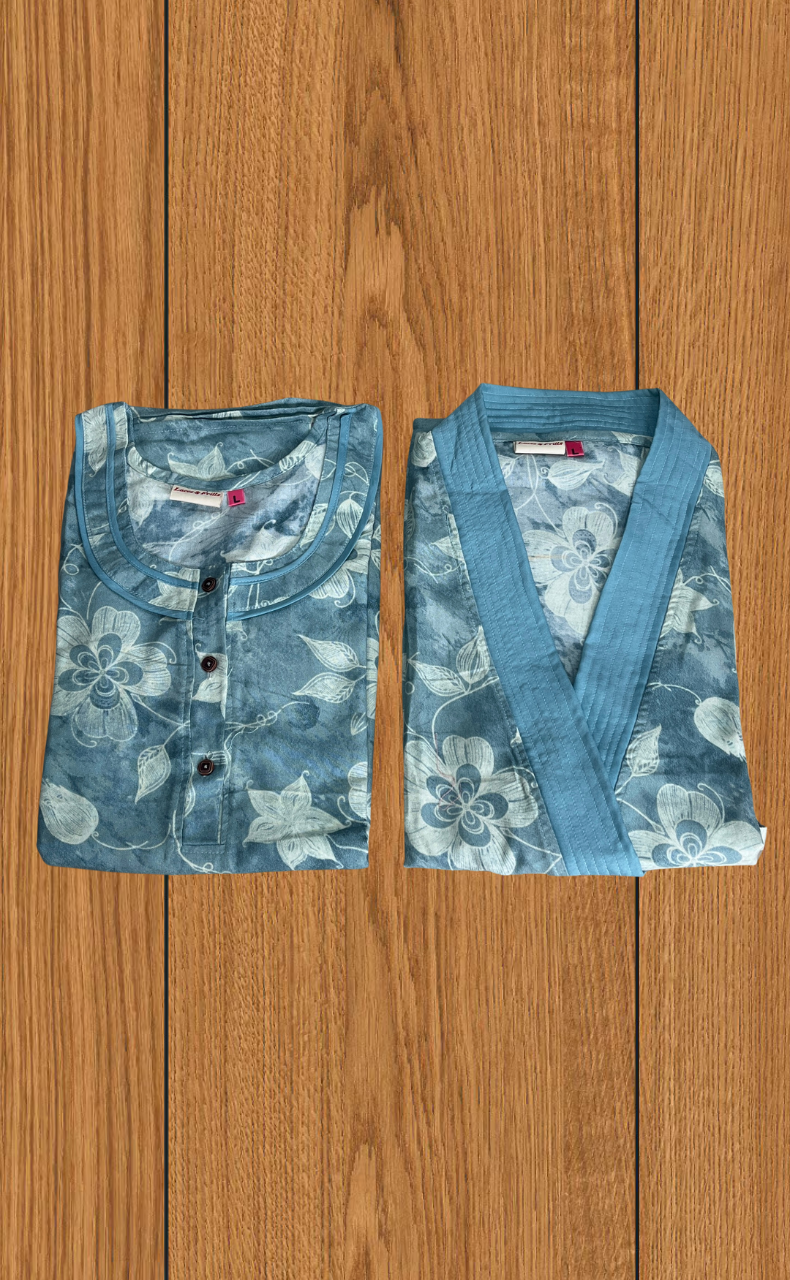 Sea Green Floral 2-Piece Spun House Coat & Nighty Set| Laces and Frills