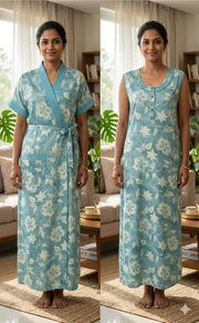 Sea Green Floral 2-Piece Spun House Coat & Nighty Set| Laces and Frills - Laces and Frills