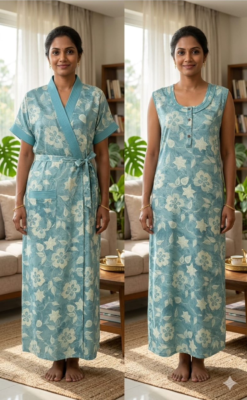 Sea Green Floral 2-Piece Spun House Coat & Nighty Set| Laces and Frills - Laces and Frills
