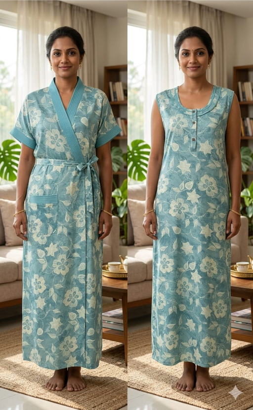Sea Green Floral 2-Piece Spun House Coat & Nighty Set| Laces and Frills - Laces and Frills