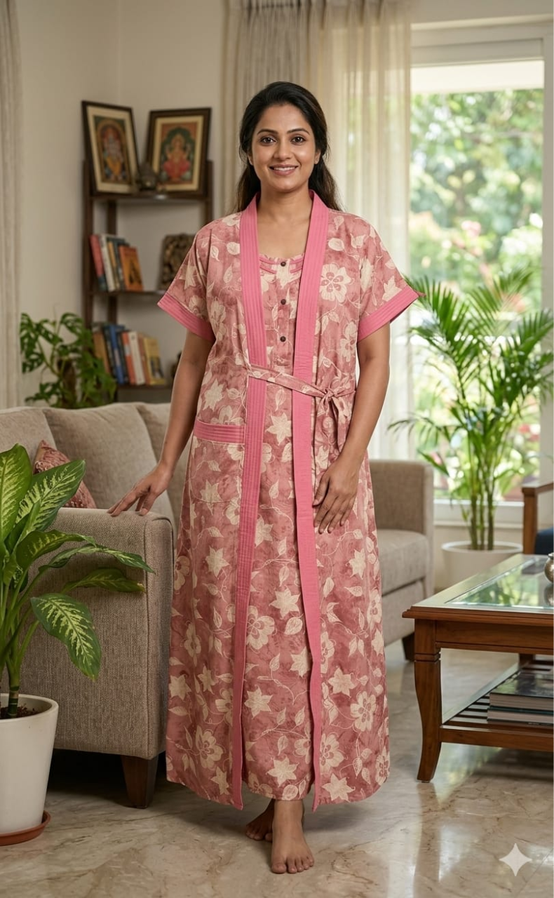 Pink Floral 2-Piece Spun House Coat & Nighty Set| Laces and Frills - Laces and Frills