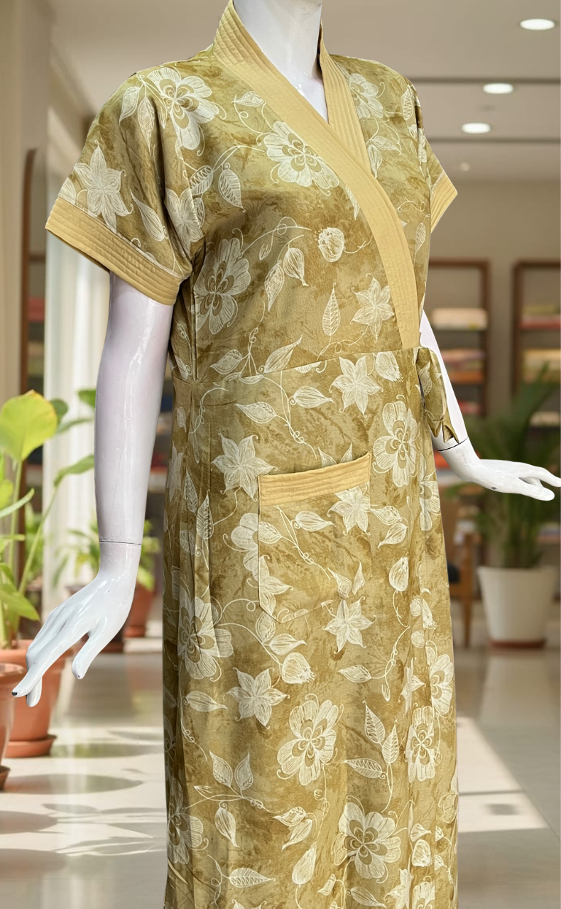 Mustard Floral 2-Piece Spun House Coat & Nighty Set| Laces and Frills