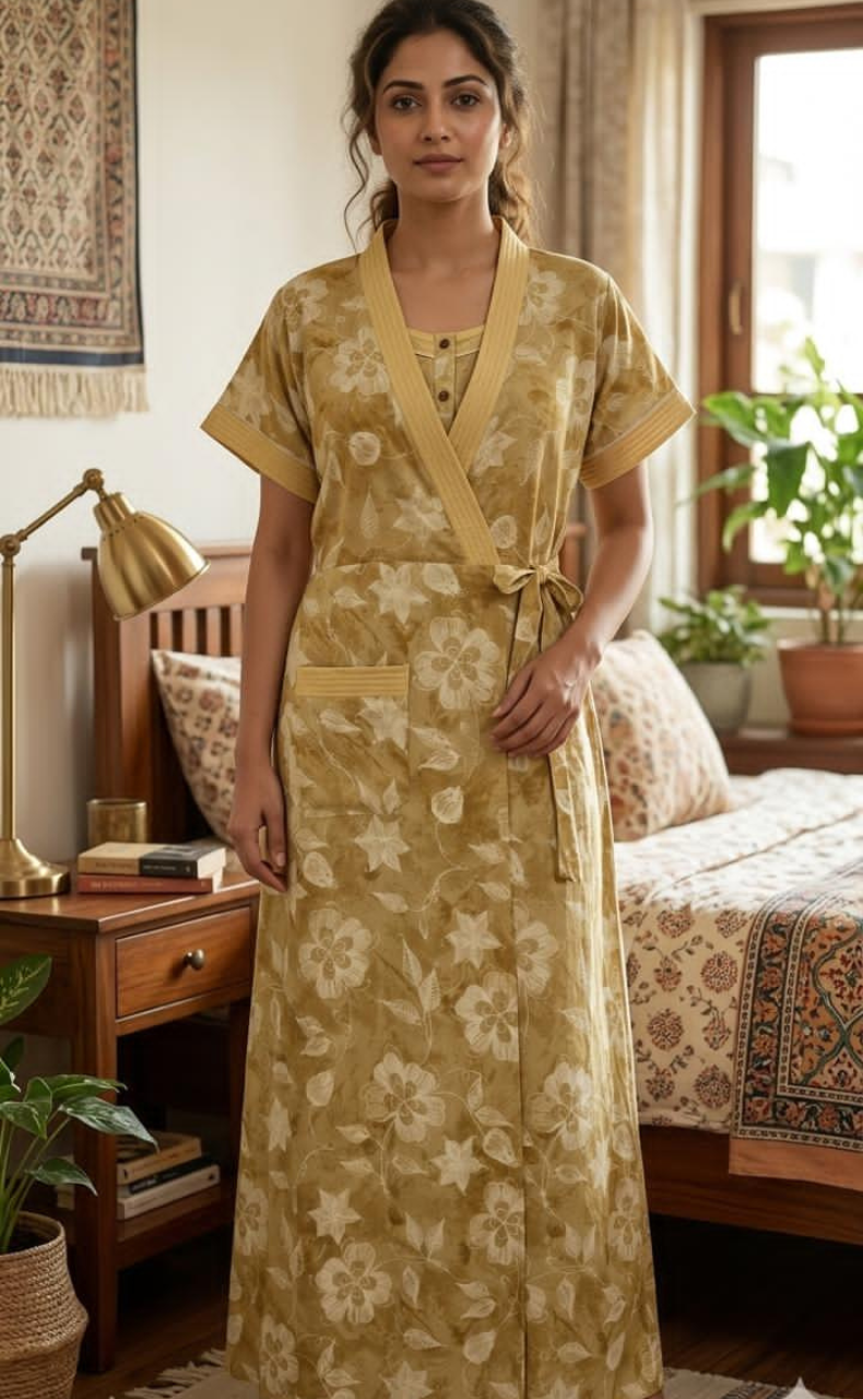 Mustard Floral 2-Piece Spun House Coat & Nighty Set| Laces and Frills - Laces and Frills