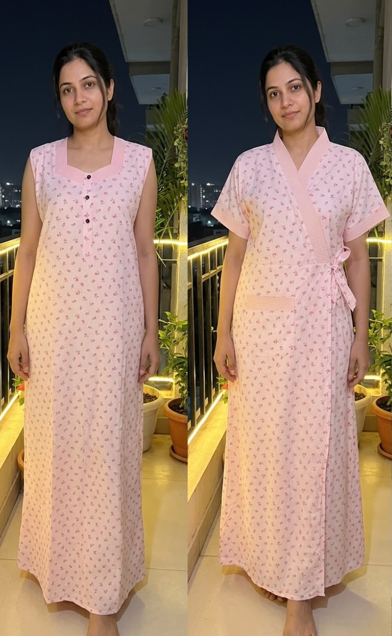 Pink Tiny Flora 2-Piece Boutique Cotton House Coat & Nighty Set| Laces and Frills