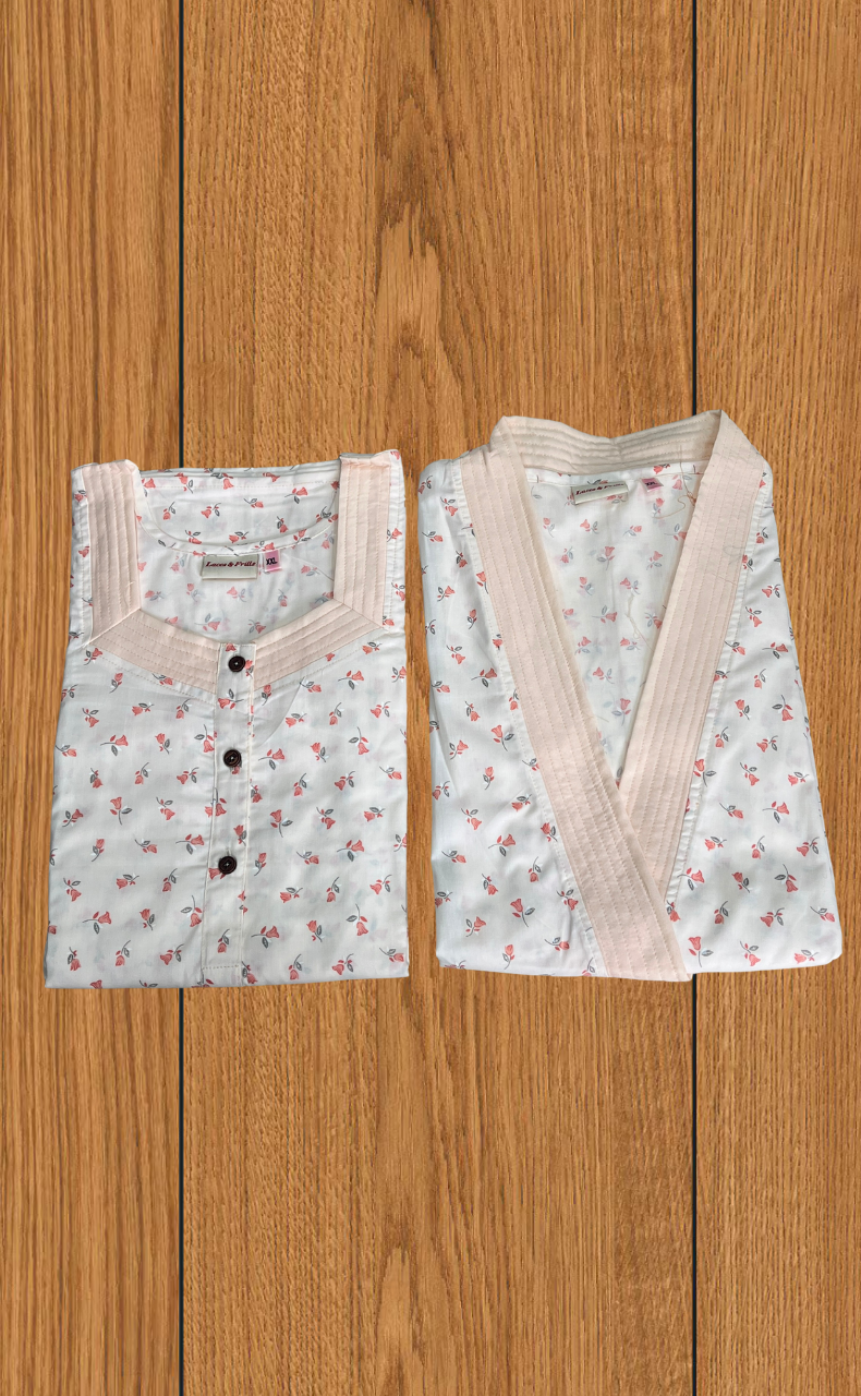 Peach Tiny Flora 2-Piece Boutique Cotton House Coat & Nighty Set| Laces and Frills
