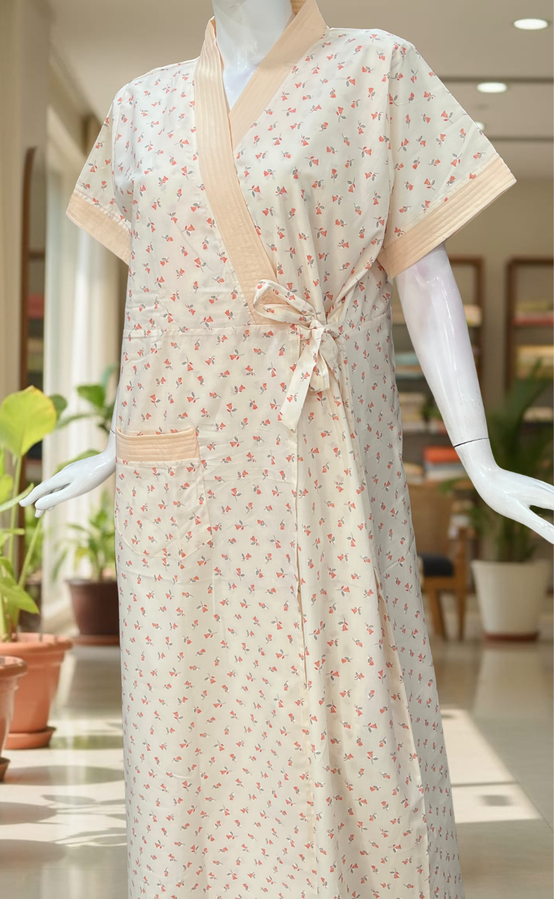 Peach Tiny Flora 2-Piece Boutique Cotton House Coat & Nighty Set| Laces and Frills