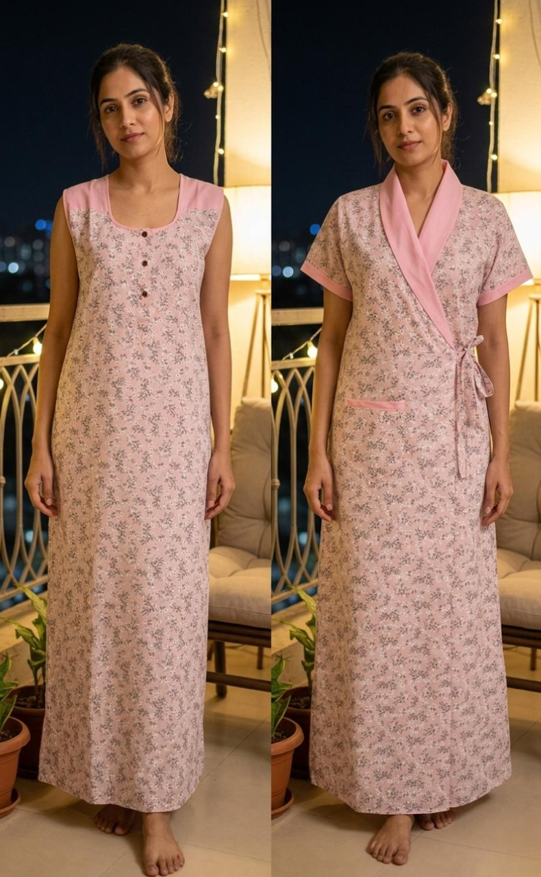 Pink Garden 2-Piece Boutique Cotton House Coat & Nighty Set| Laces and Frills