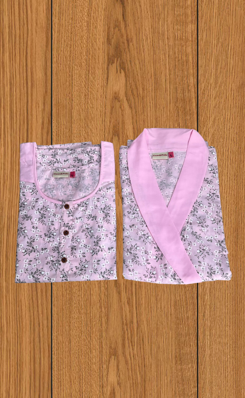 Pink Garden 2-Piece Boutique Cotton House Coat & Nighty Set| Laces and Frills