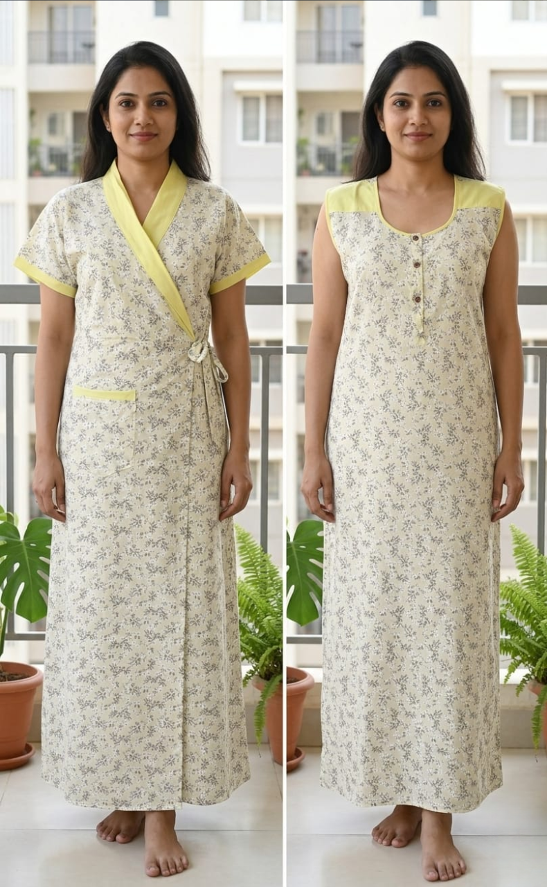 Yellow Garden 2-Piece Boutique Cotton House Coat & Nighty Set| Laces and Frills