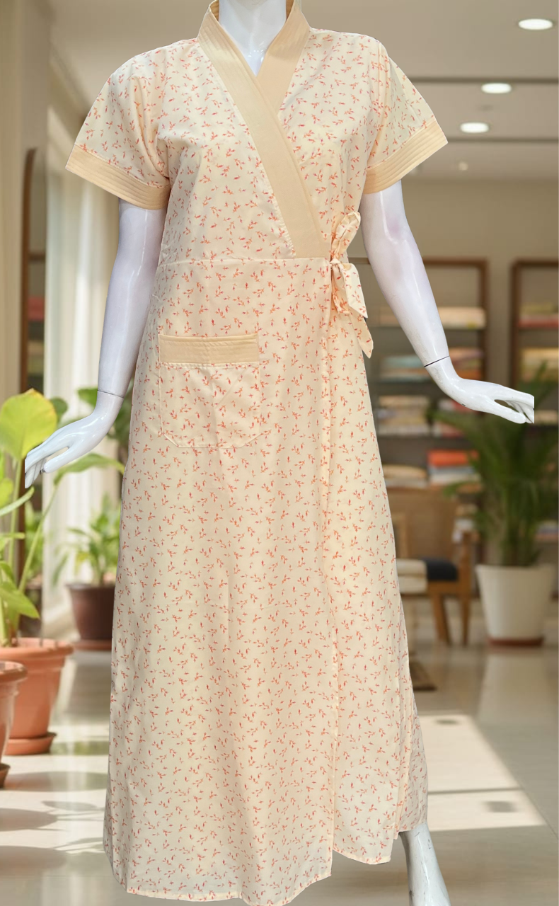 Peach Leafy 2-Piece Boutique Cotton House Coat & Nighty Set| Laces and Frills