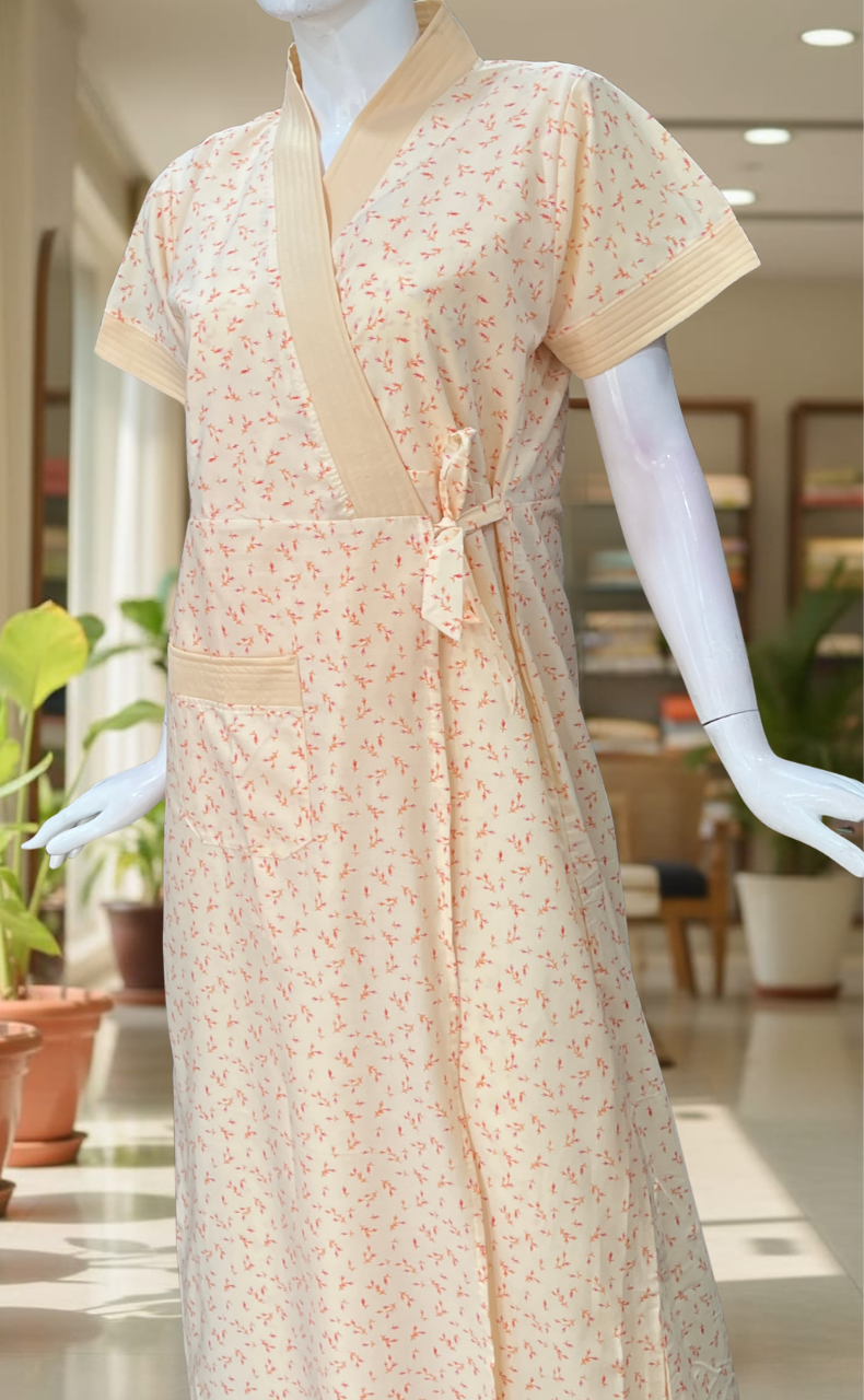 Peach Leafy 2-Piece Boutique Cotton House Coat & Nighty Set| Laces and Frills